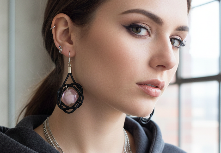 pendientes de cuero con circulo de la vida y cristal