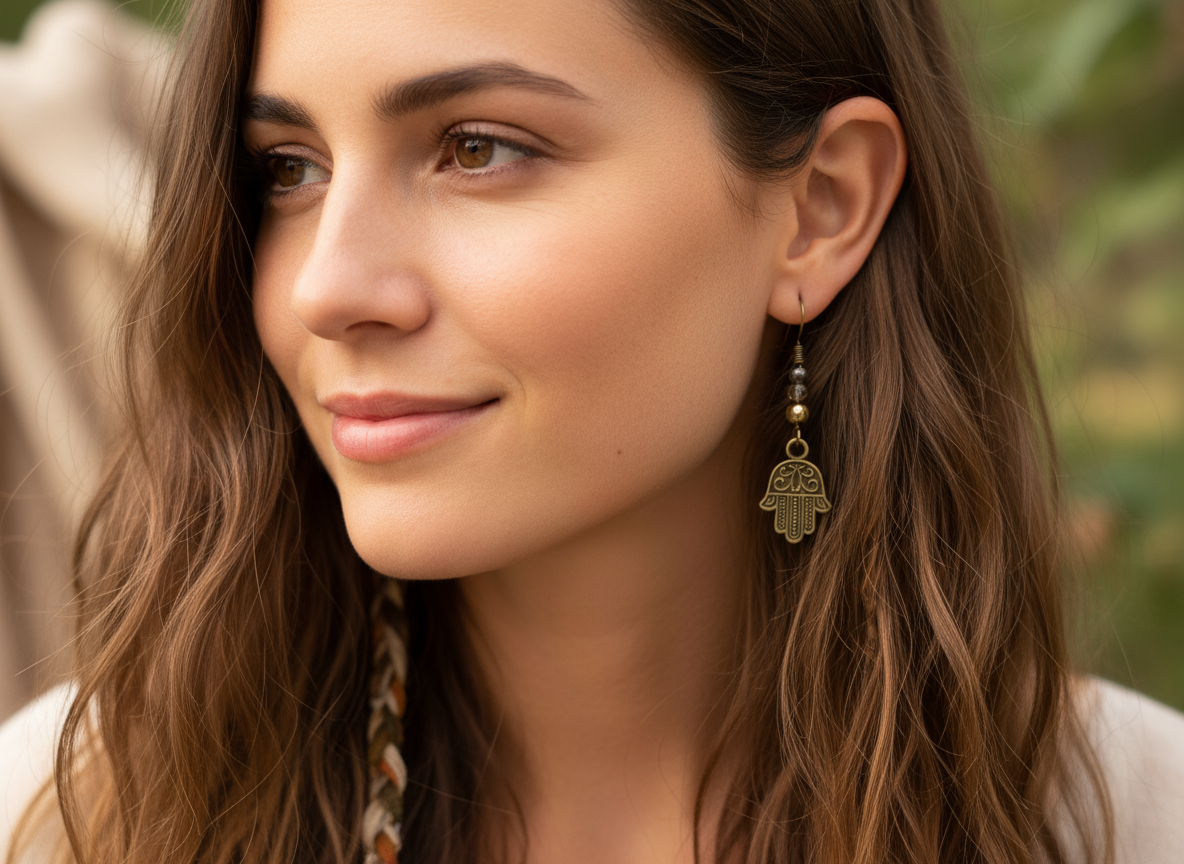 Earrings with hand of Fatima, Hamsa, boho style