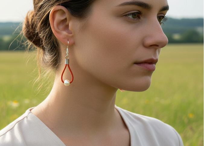 Pendientes de cuero y plata con perlas blancas