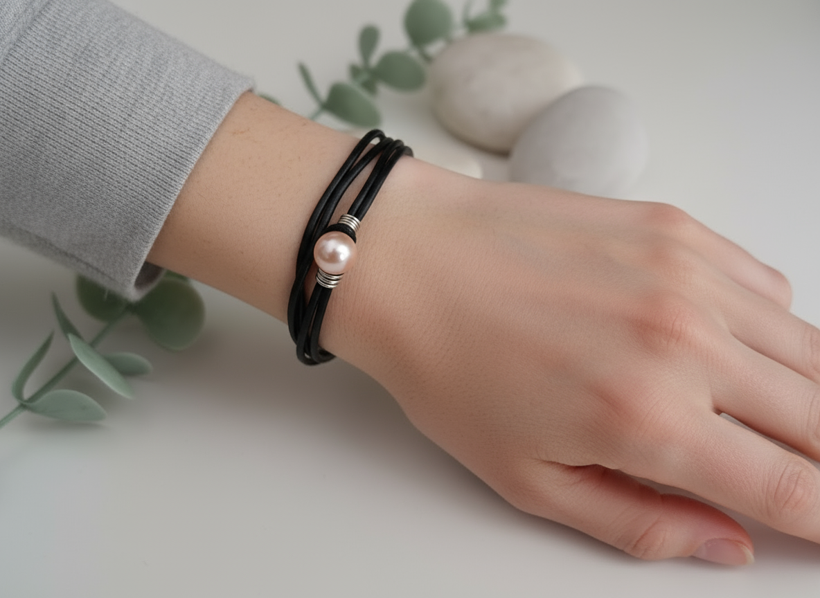 Pulsera cuero y perla rosa