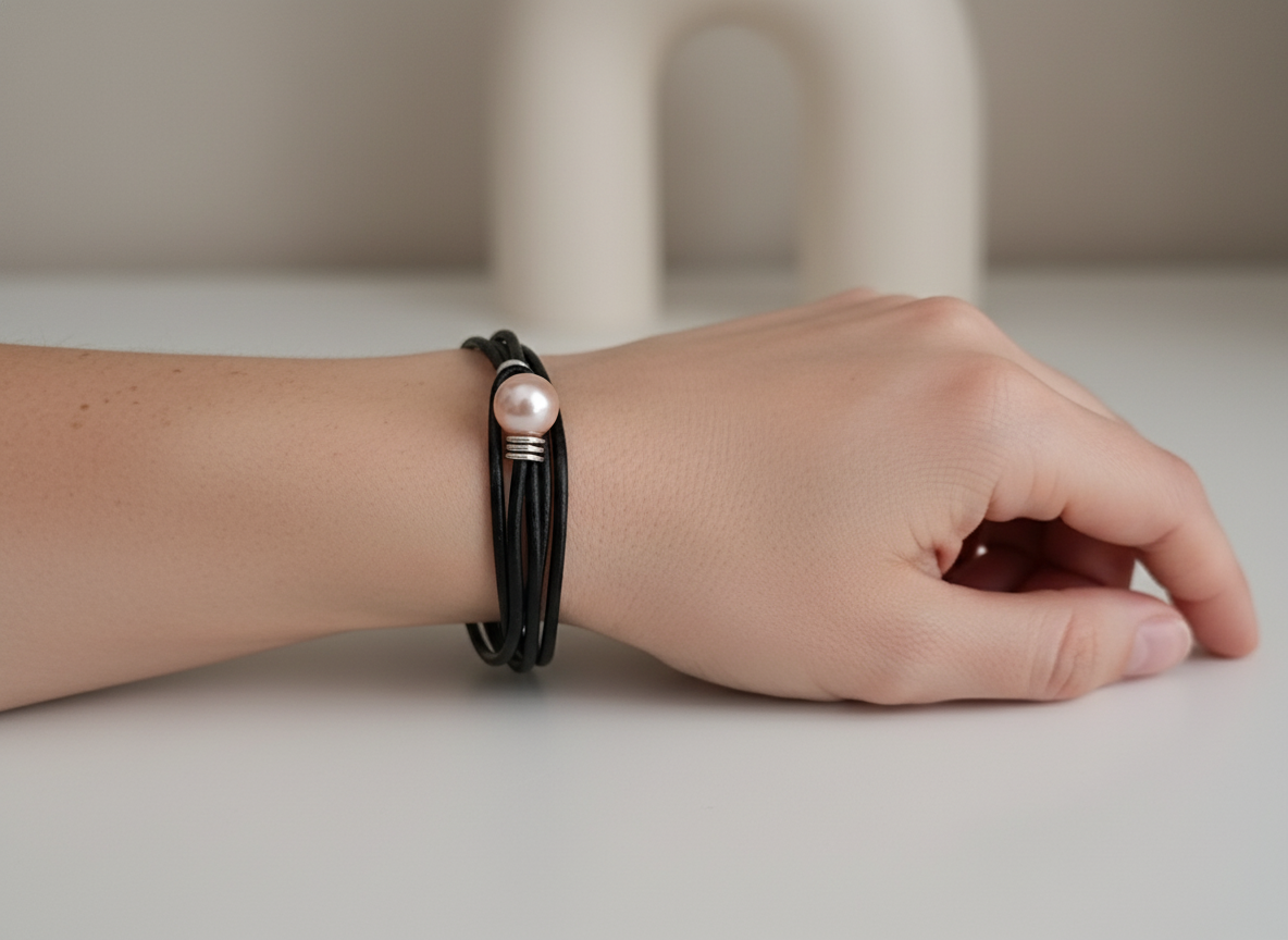 Pulsera cuero y perla rosa