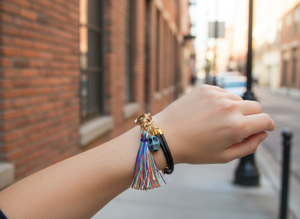 Black leather bracelet with skull with multicolor pompom