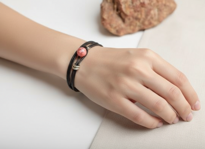 Pulsera coral rojo de dos vueltas de cuero