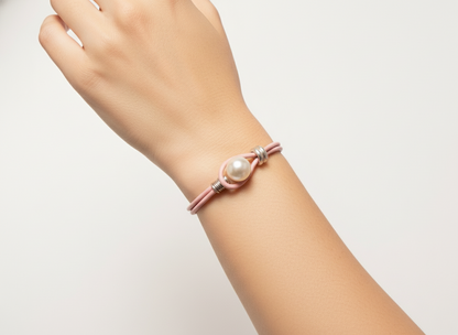 Pulsera doble de cuero negro con perla blanca