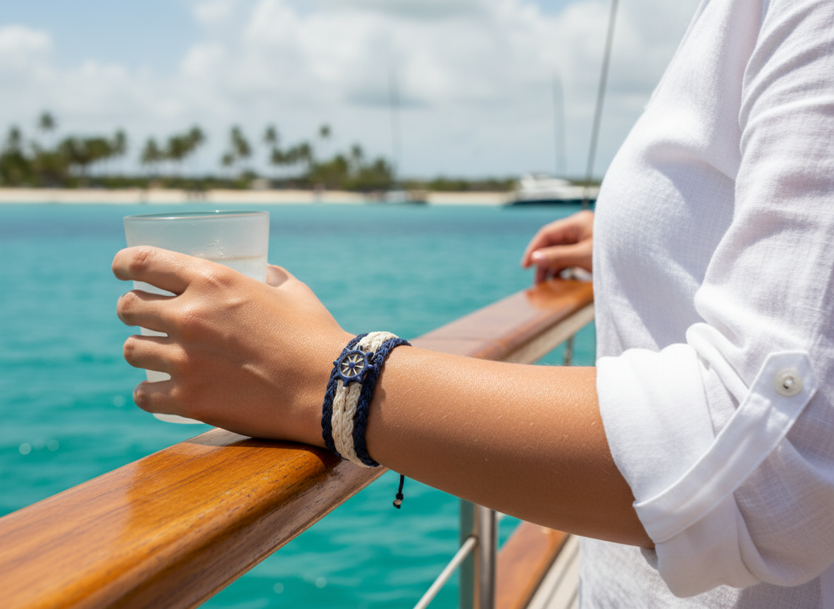 Pulsera estilo náutico en algodón azul y blanco con adorno de un timón. Raquel Jiménez  Artesanía 