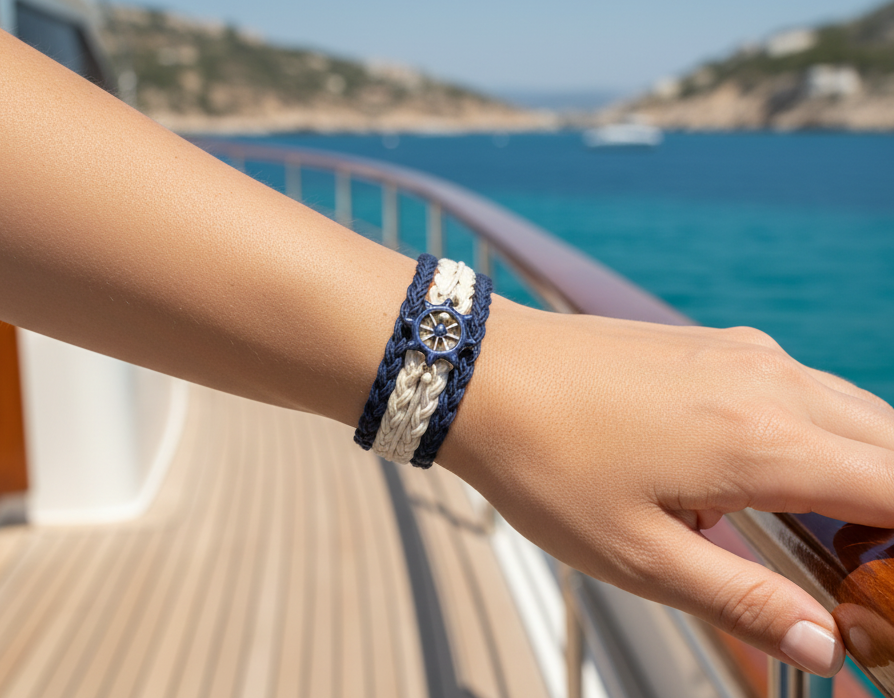 Pulsera estilo náutico en algodón azul y blanco con adorno de un timón. Raquel Jiménez  Artesanía 