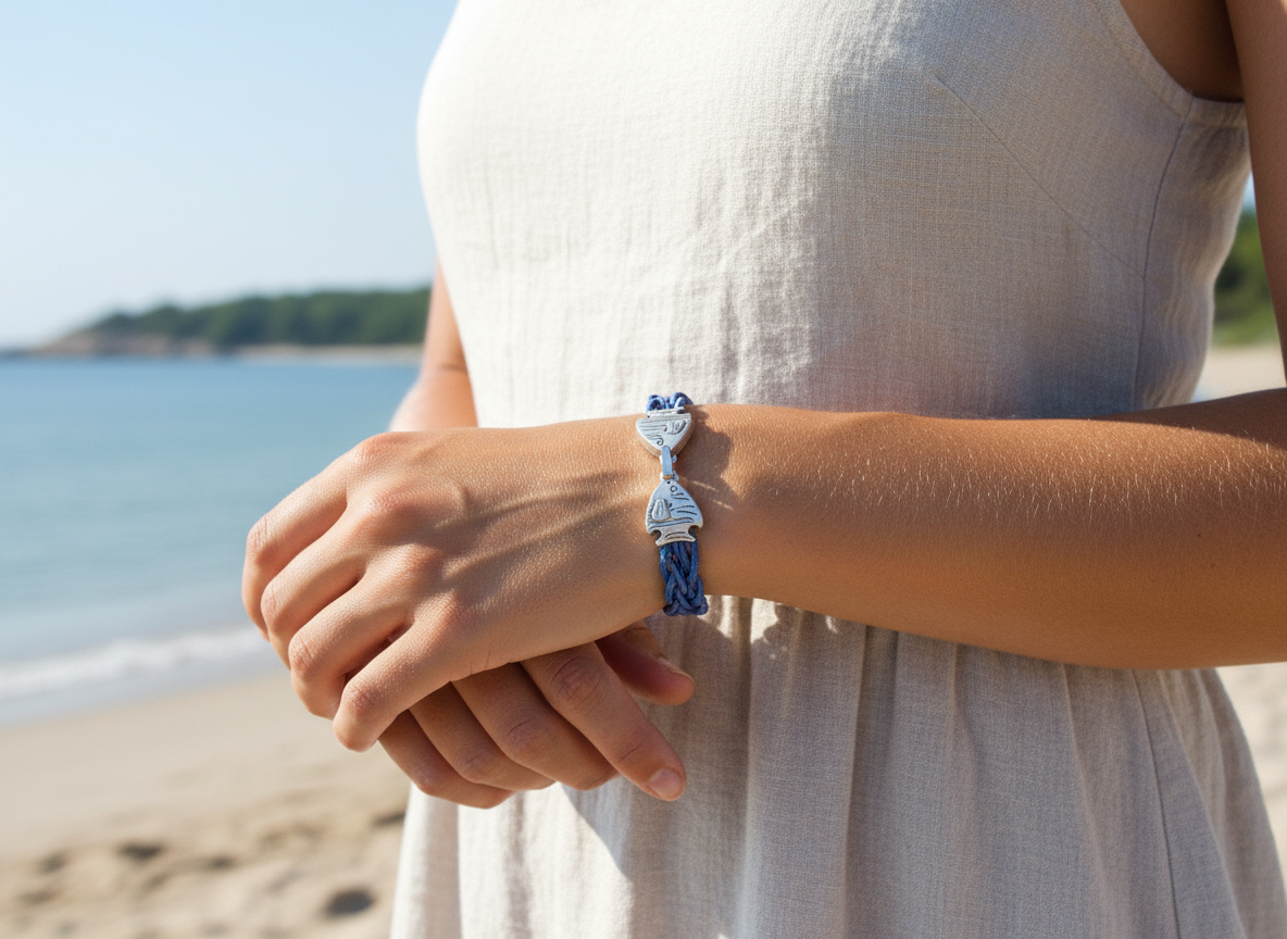Bracelet tressé style marin bleu marine avec fermoir poisson