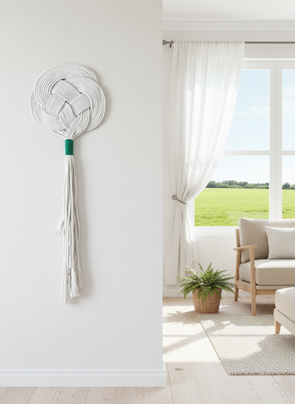 Tapiz de macramé para decoración de pared en color arena y verde