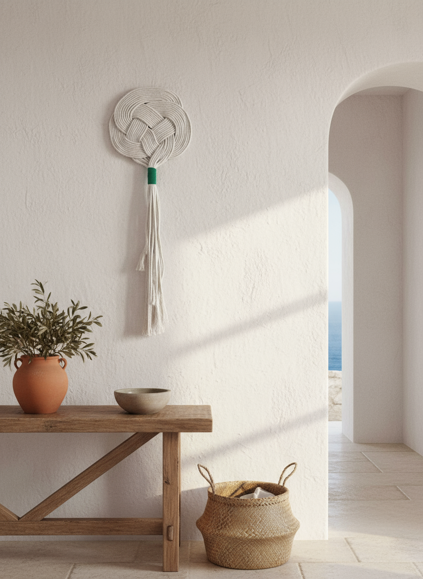 Tapisserie Macramé pour Décoration Murale de Couleur Sable et Vert