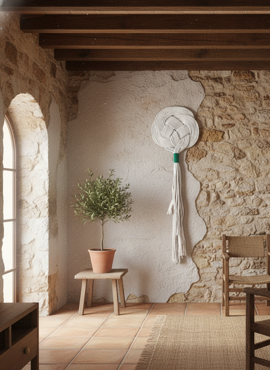 Tapiz de macramé para decoración de pared en color arena y verde