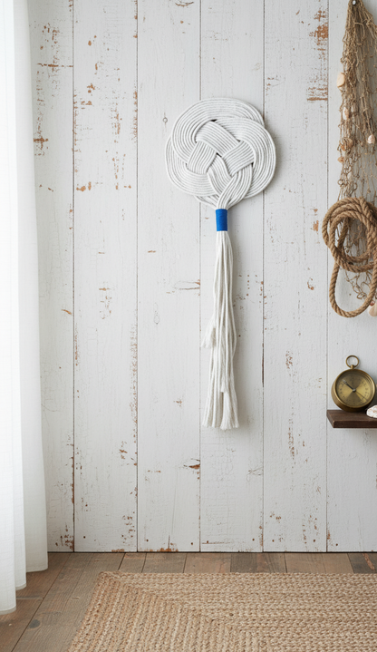 Tapiz de macramé para decoración de pared en color arena y  toques de azul