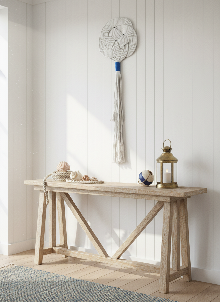 Tapiz de macramé para decoración de pared en color arena y  toques de azul