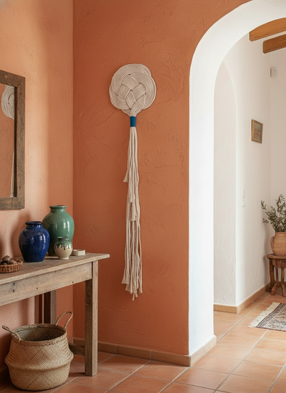 Tapiz de macramé para decoración de pared en color arena y  toques de azul