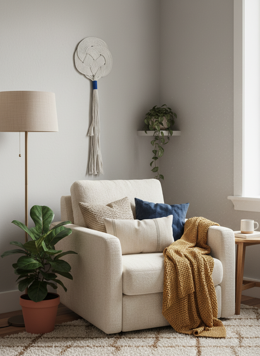 Tapiz de macramé para decoración de pared en color arena y  toques de azul