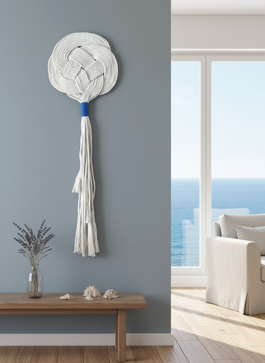 Tapiz de macramé para decoración de pared en color arena y  toques de azul