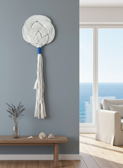Tapiz de macramé para decoración de pared en color arena y  toques de azul