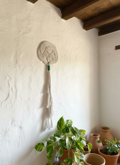 Tapisserie Macramé pour Décoration Murale de Couleur Sable et Vert