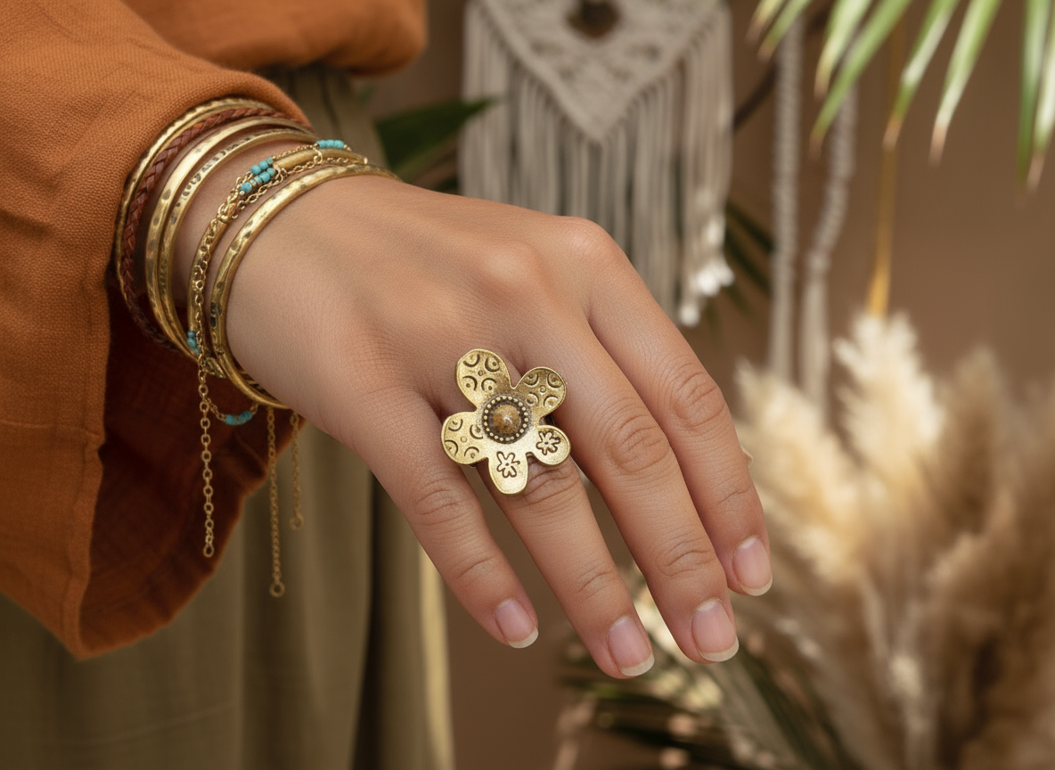 Anillo hippie ajustable con flor margarita boho.