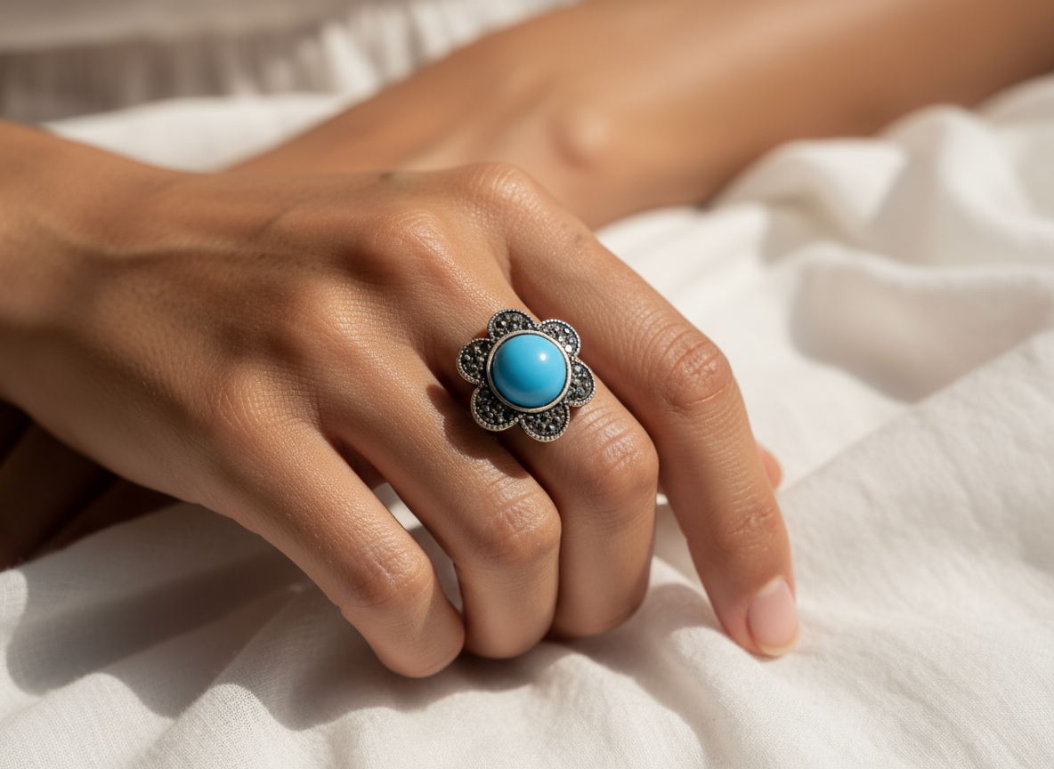 Anillo margarita azul turquesa