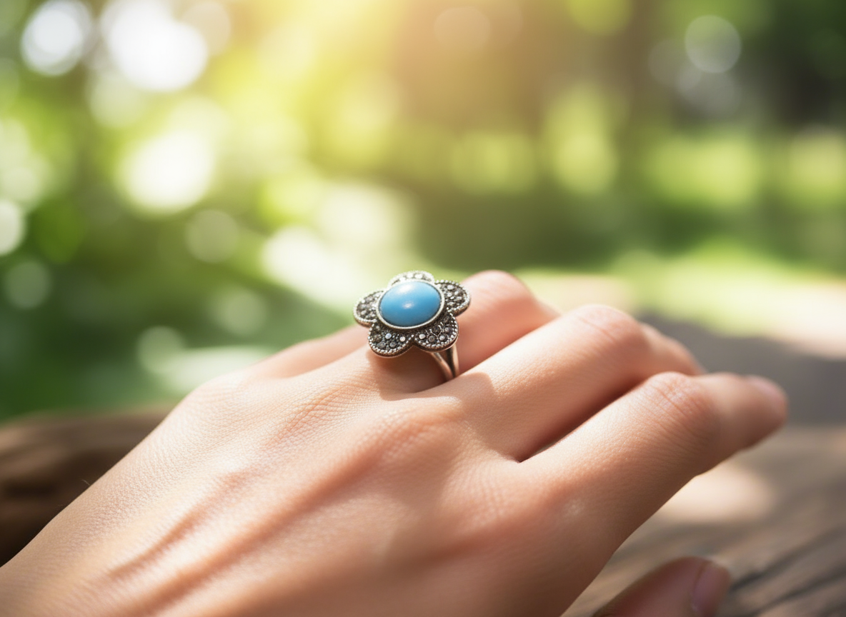 Anillo margarita azul turquesa