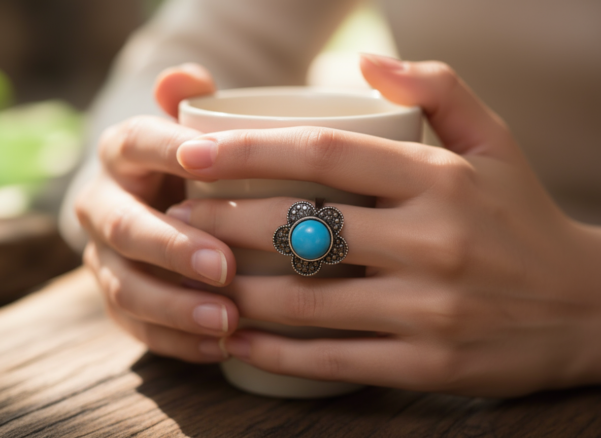 Anillo margarita azul turquesa