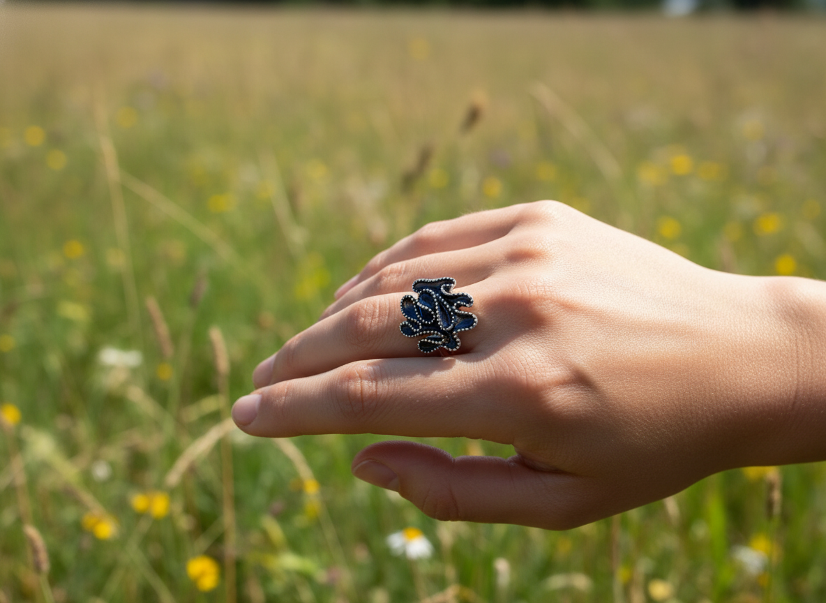 Bague ajustable argentée et noire pour femme moderne