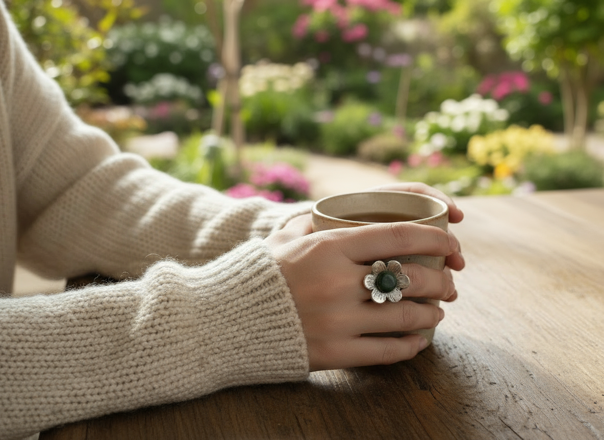 Anillo flor de jade natural
