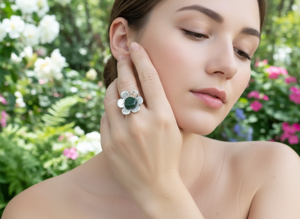 Anillo flor de jade natural