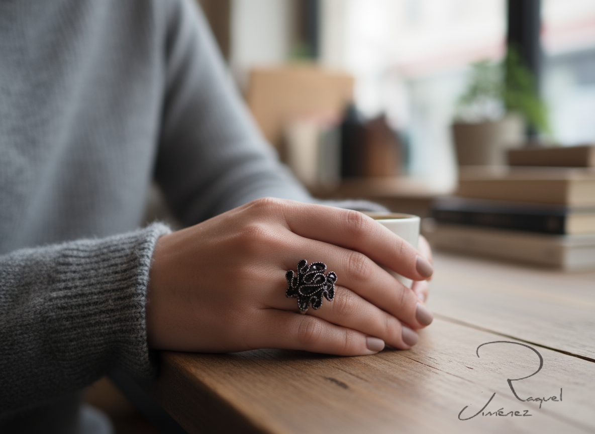 Bague ajustable argentée et noire pour femme moderne