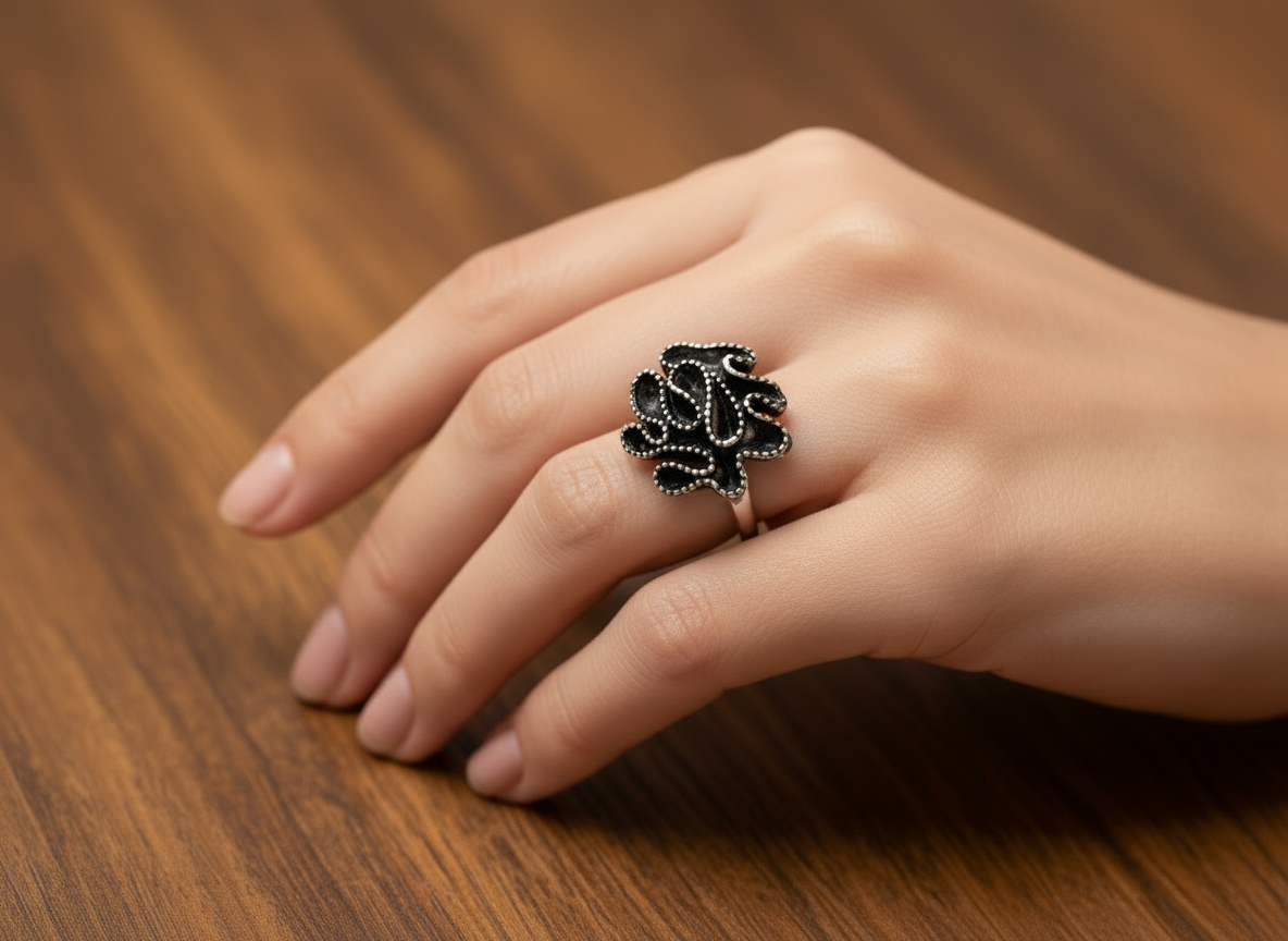 Bague ajustable argentée et noire pour femme moderne