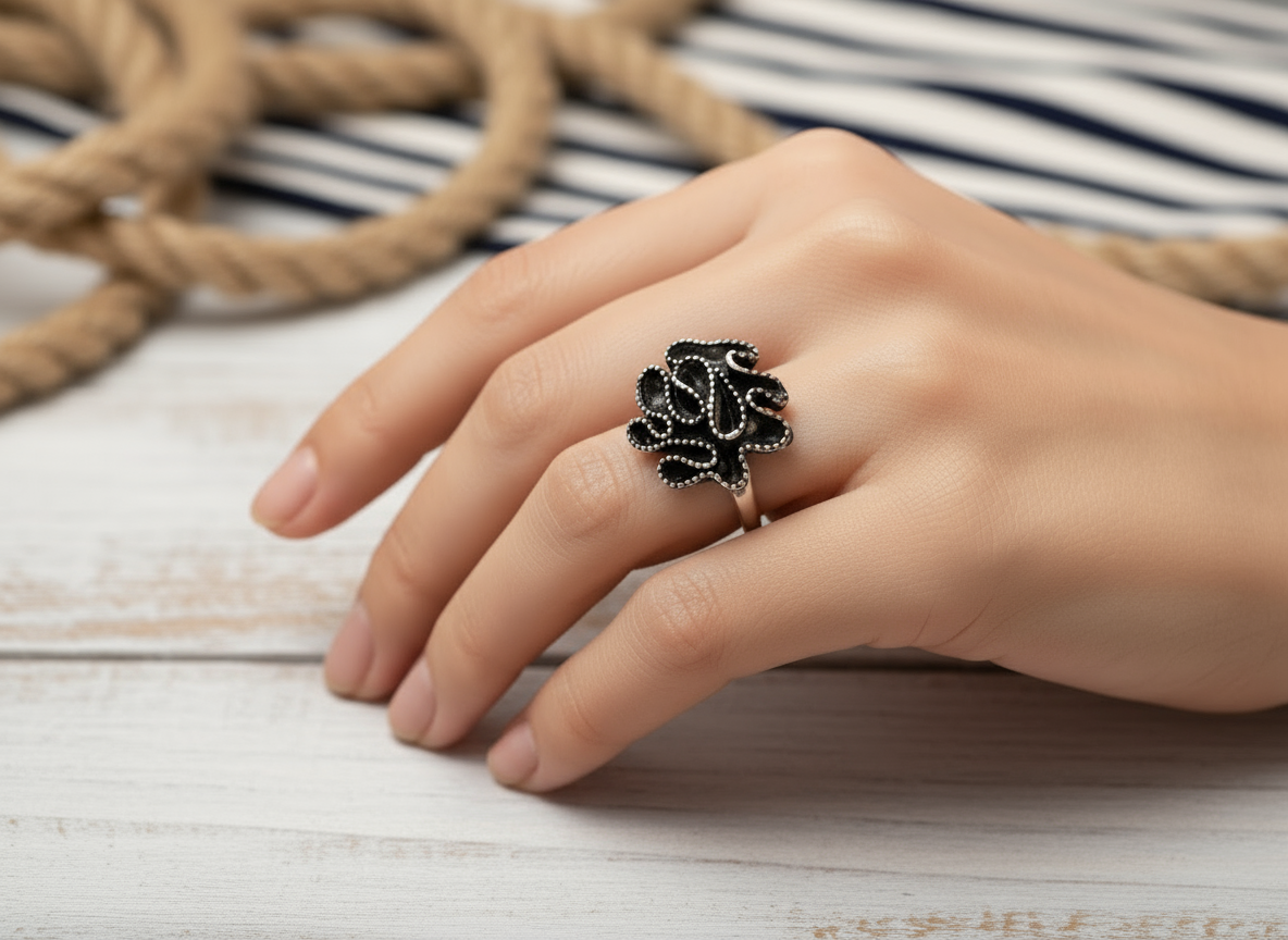 Bague ajustable argentée et noire pour femme moderne