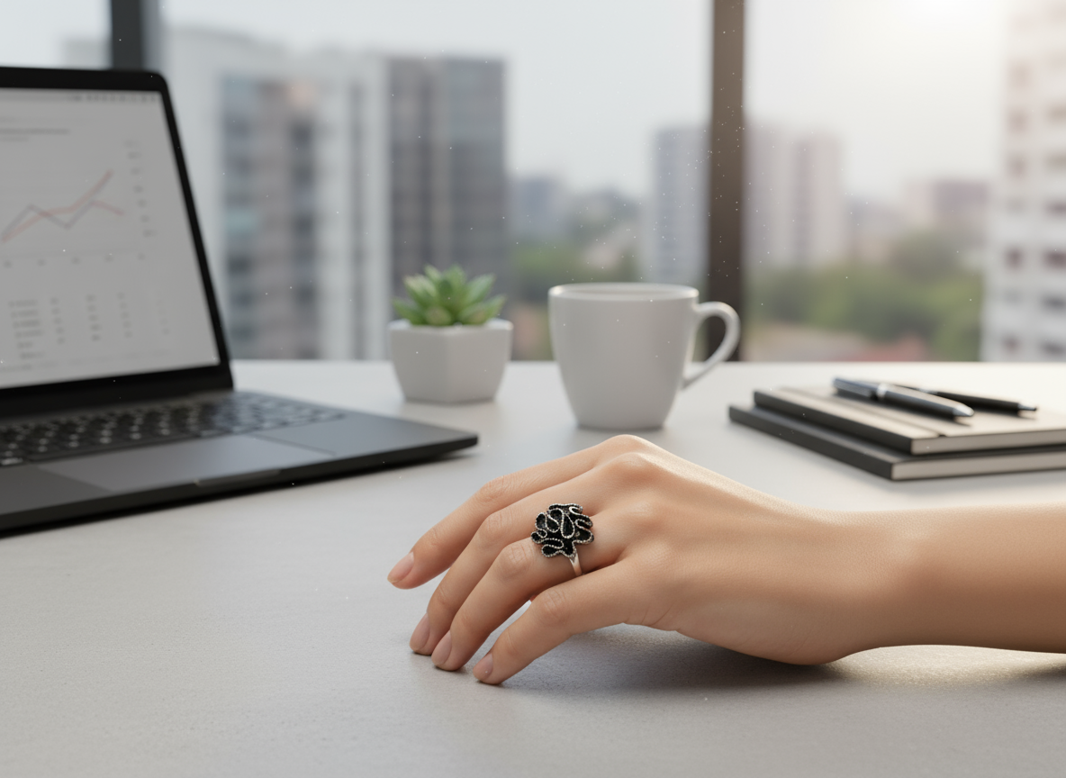 Bague ajustable argentée et noire pour femme moderne