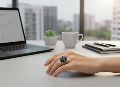 Bague ajustable argentée et noire pour femme moderne
