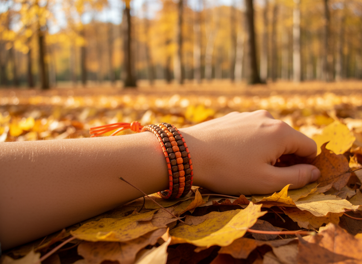 Pulsera de cuero con cuentas de madera naranja y marrón.