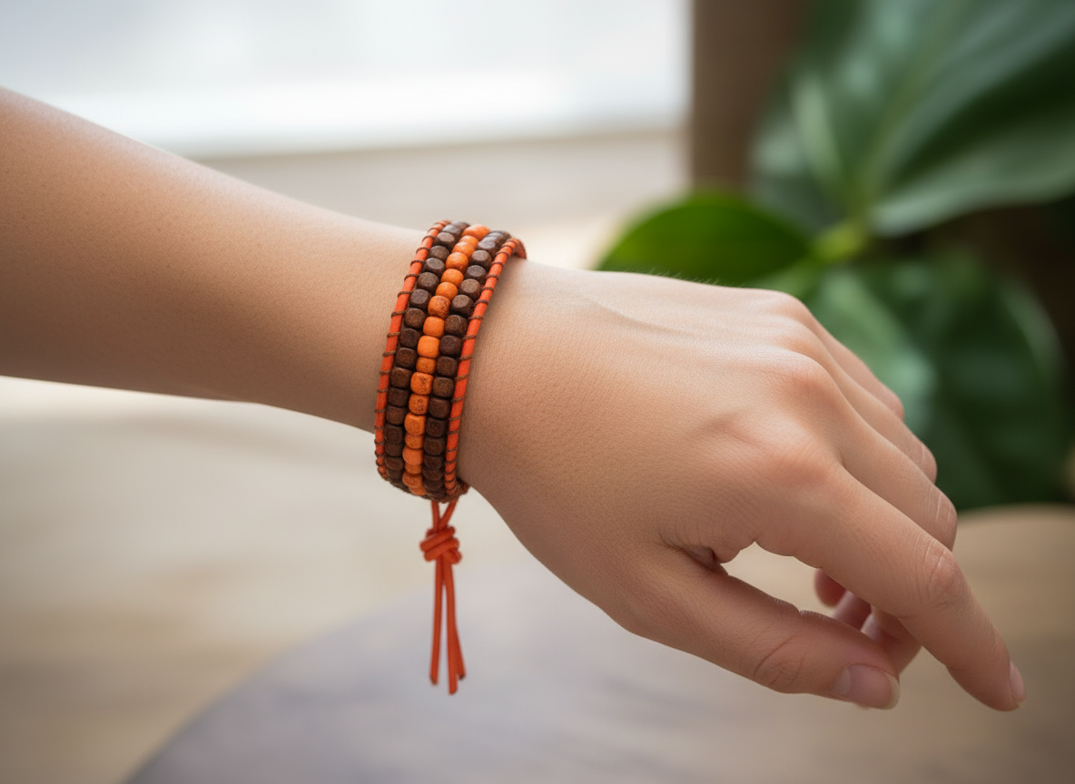 Pulsera de cuero con cuentas de madera naranja y marrón.