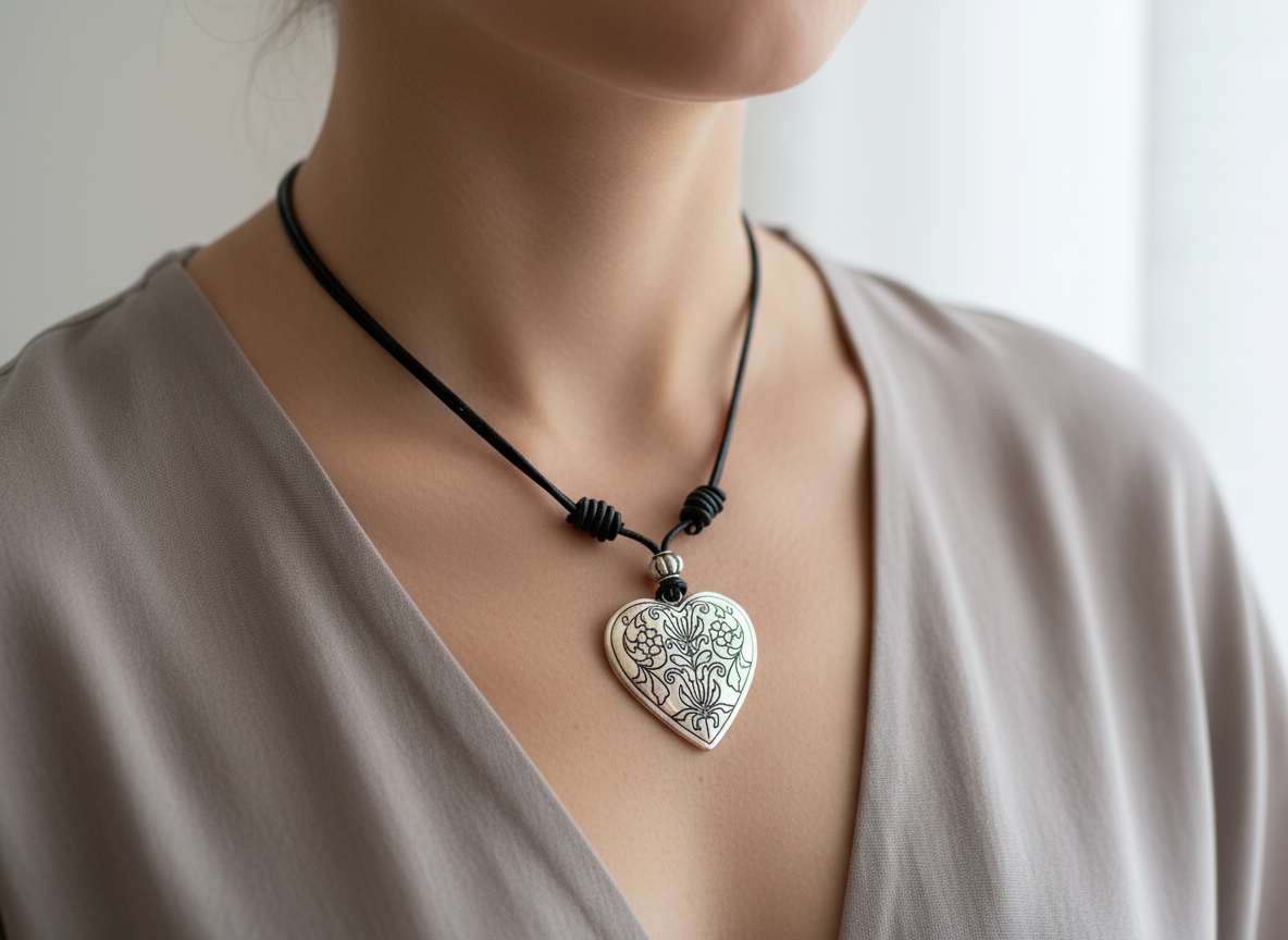 Short leather necklace with heart in boho style