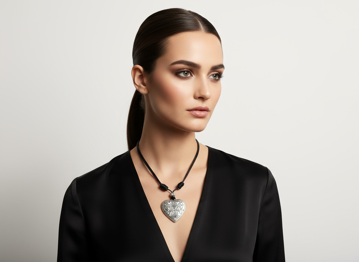 Short leather necklace with heart in boho style