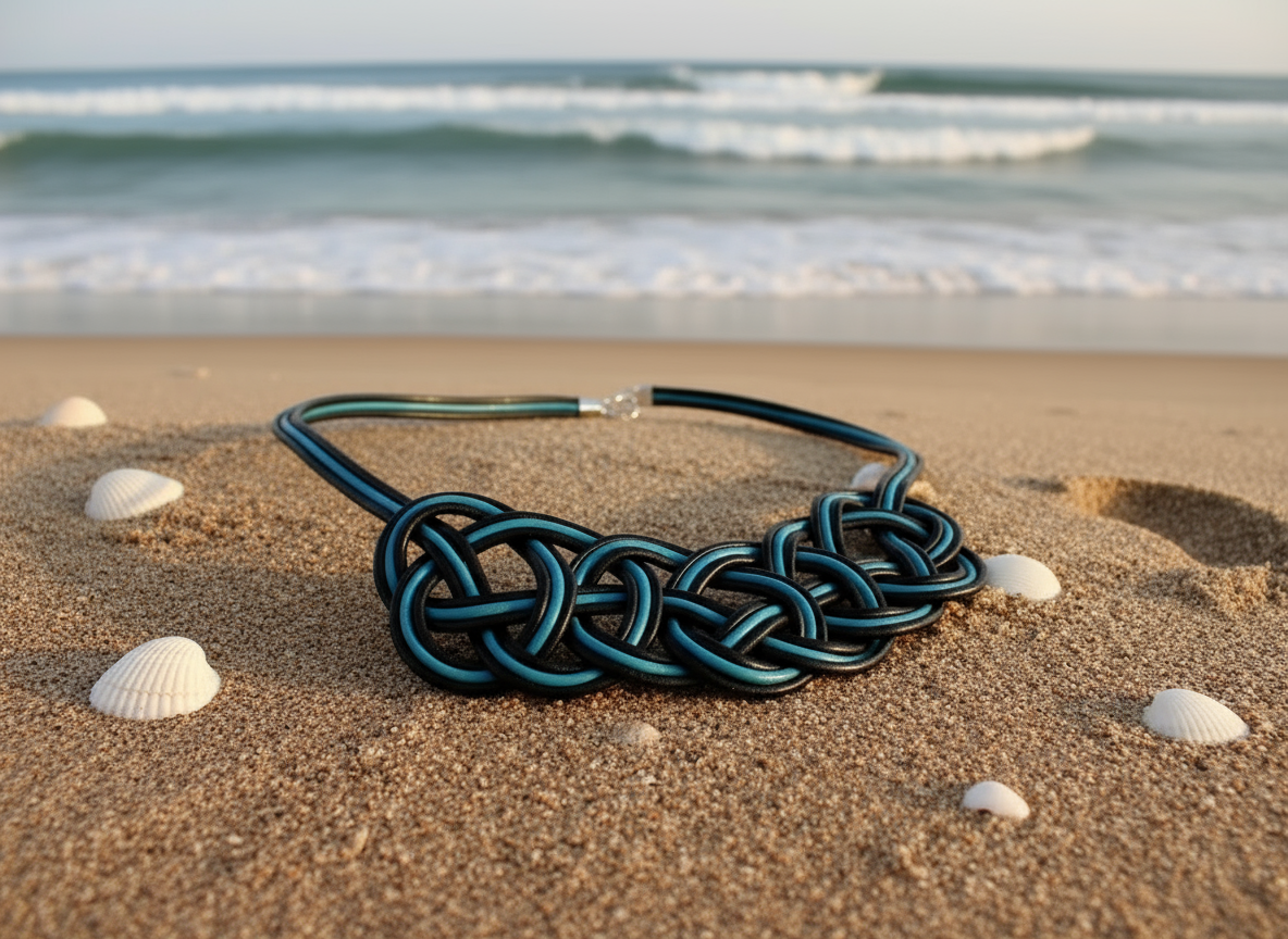 Collier noeud marin en cuir coloris bleu et noir