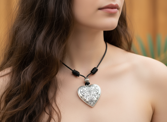 Collier court en cuir avec coeur style bohème