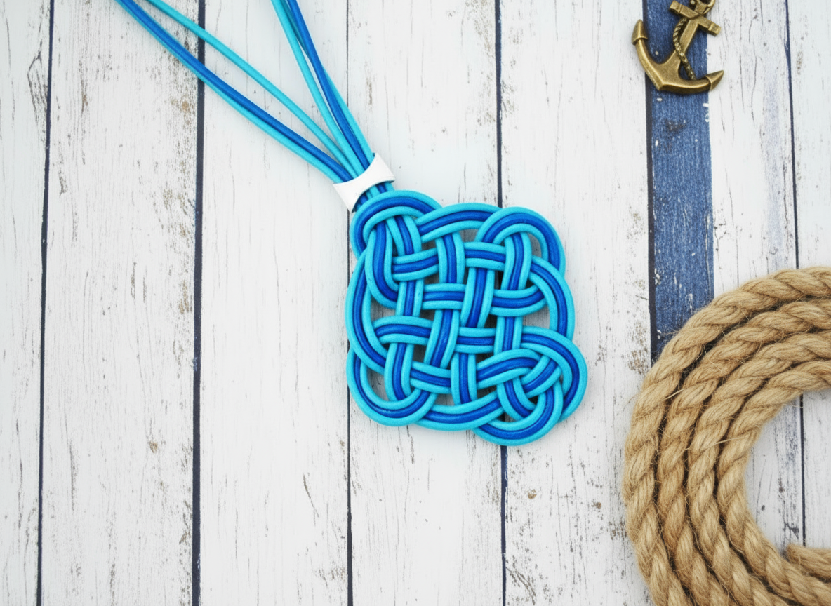 Leather sailor's knot necklace in two blues.