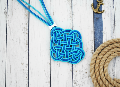 Leather sailor's knot necklace in two blues.