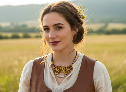 Mustard yellow and brown leather necklace with Celtic knot