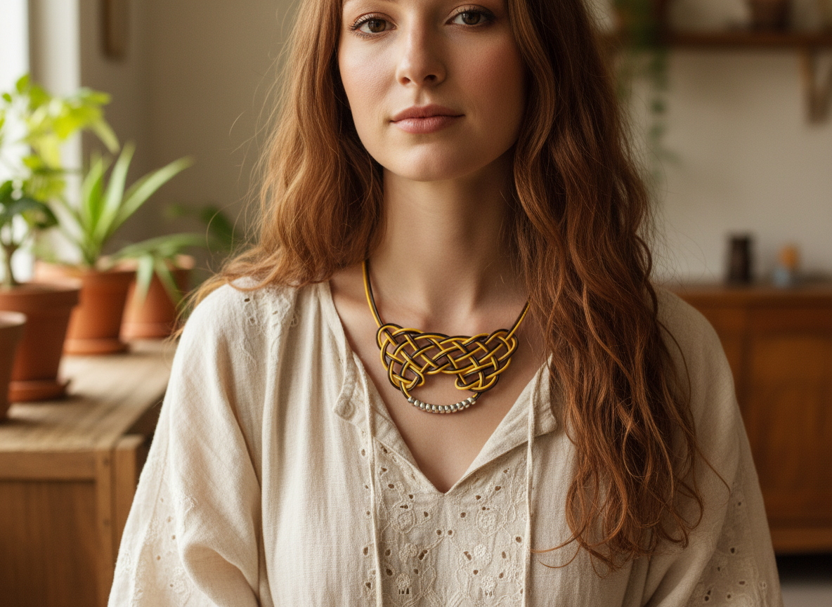 Mustard yellow and brown leather necklace with Celtic knot