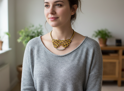 Mustard yellow and brown leather necklace with Celtic knot