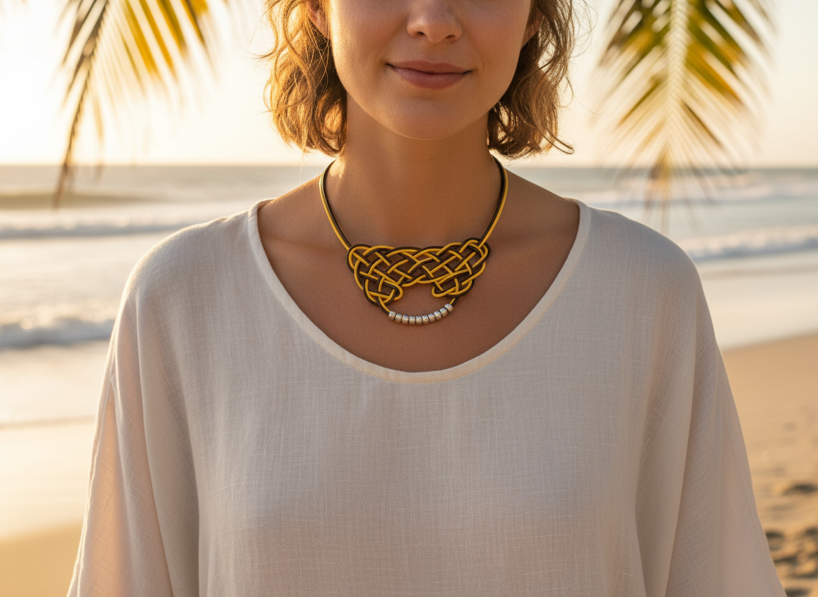 Mustard yellow and brown leather necklace with Celtic knot