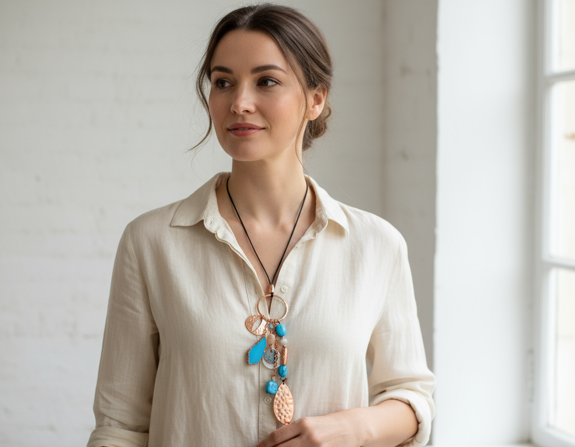 Collier bohème en cuir avec ornements en turquoise et nacre naturelle