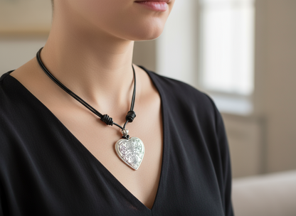 Short leather necklace with heart in boho style