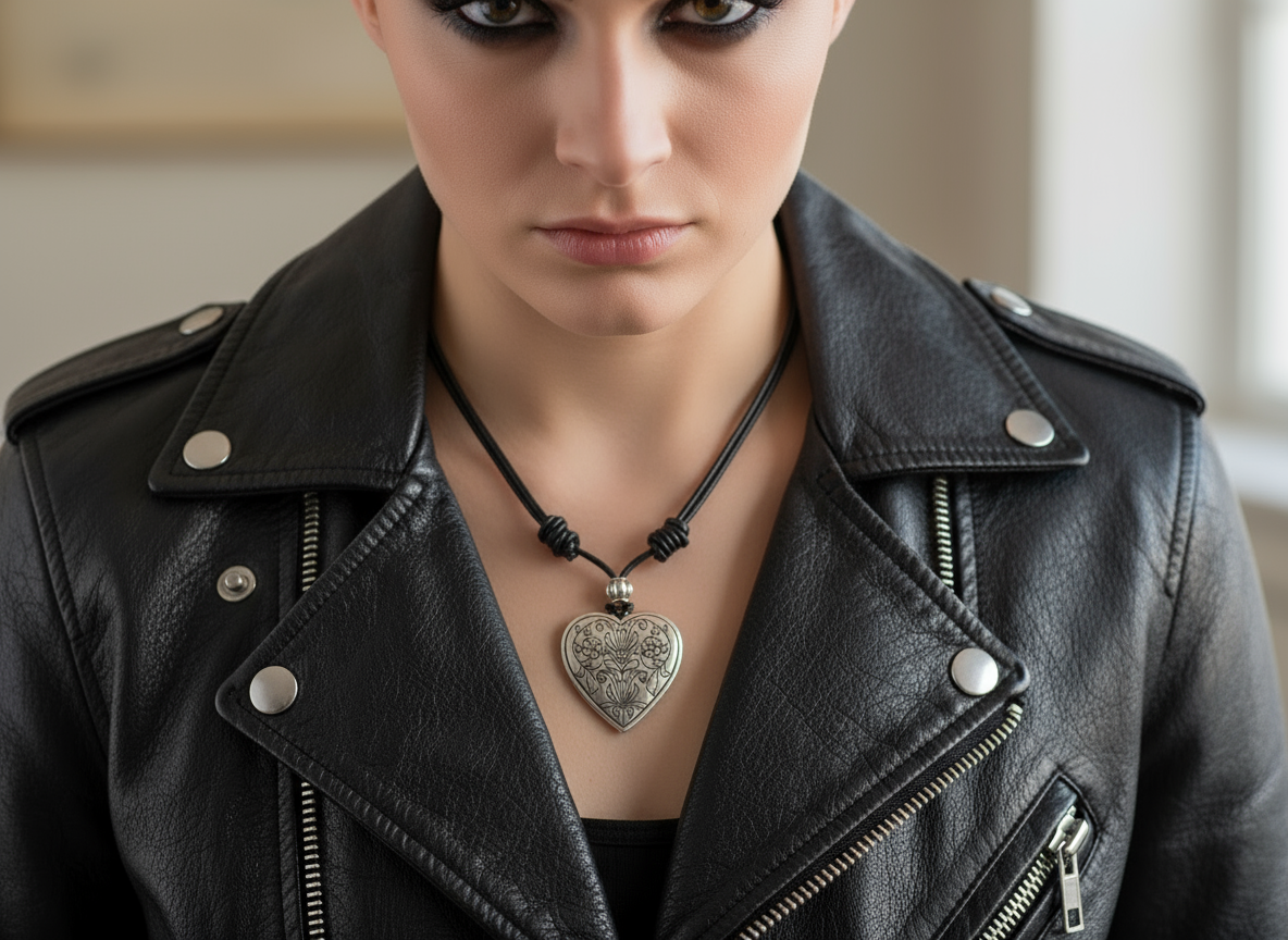 Short leather necklace with heart in boho style