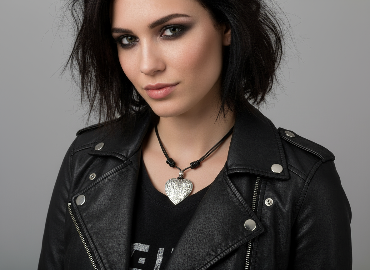 Short leather necklace with heart in boho style