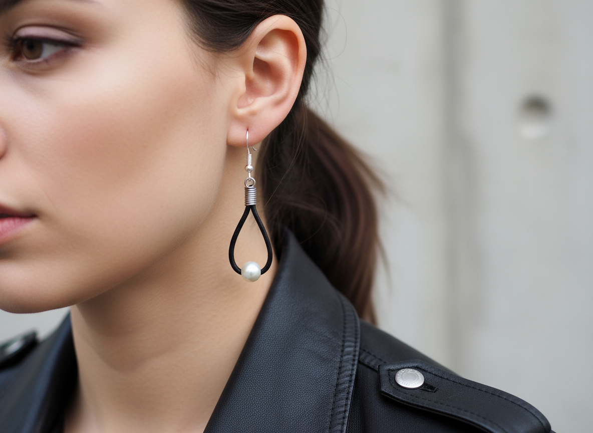 Boucles d'oreilles en cuir et argent avec perles blanches